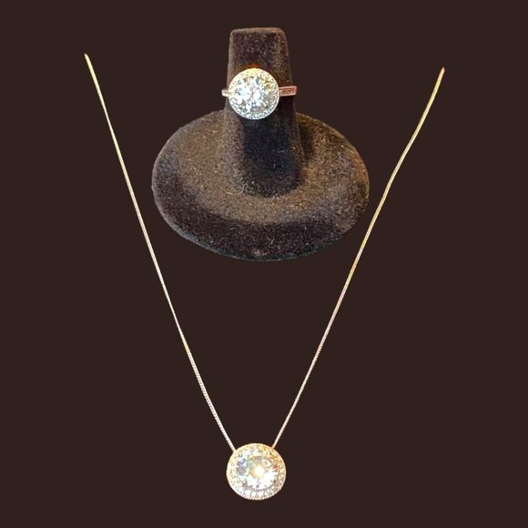 CZ Set Necklace and Matching Ring / 14K White Gold Plated 925 (EUC) - Picture 1 of 9